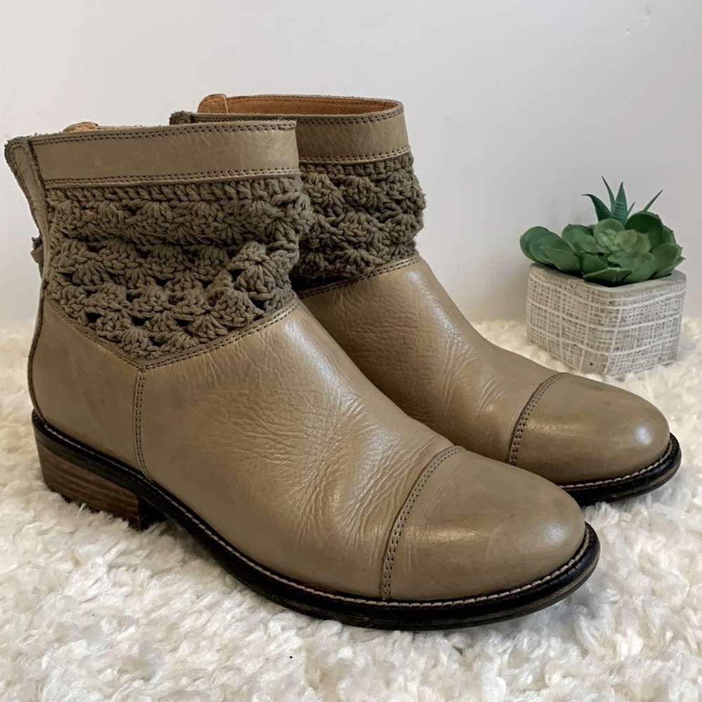 LATIGO Carly tan taupe Brown Leather Knit Crochet booties ankle Boots